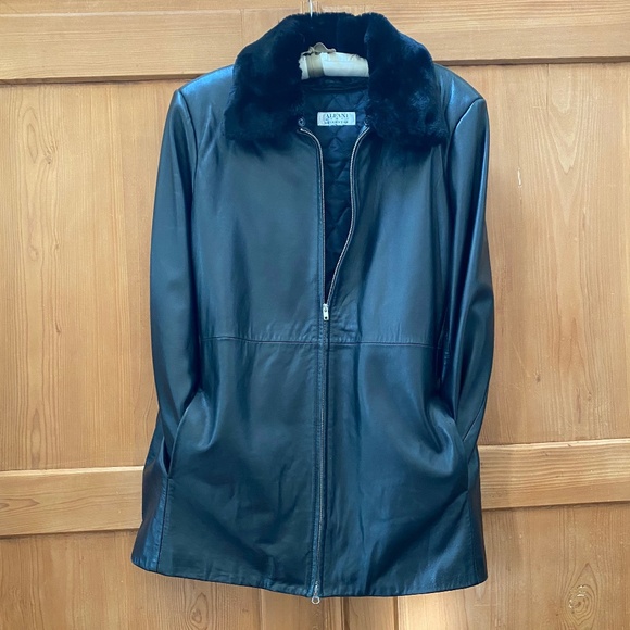 Black Leather Car Coat with detachable Faux Fur Collar - Picture 1 of 10